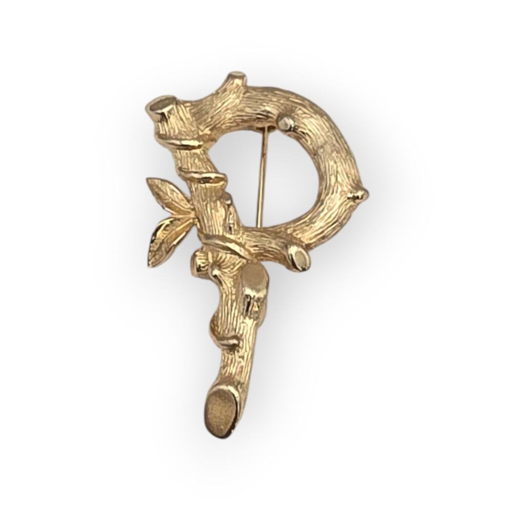 Twig Letter P Sarah Coventry Gold Vintage Brooch – Textured Branch Design